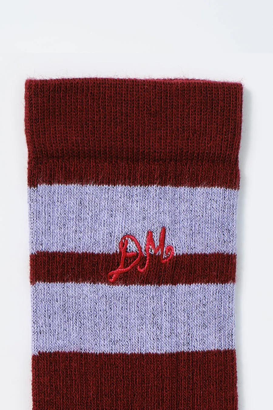 calf length socks - burgundy & lilac stripe