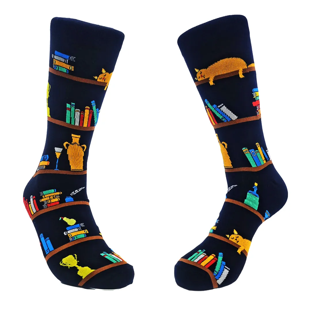 Cat Resting on a Bookshelf Socks (Adult Large - Men's Shoe Sizes 8-12)