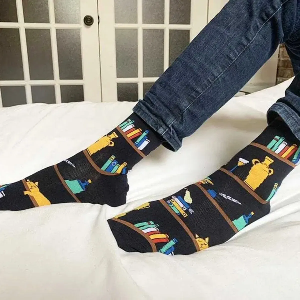 Cat Resting on a Bookshelf Socks (Adult Large - Men's Shoe Sizes 8-12)