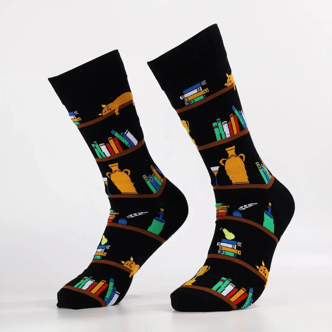 Cat Resting on a Bookshelf Socks (Adult Large - Men's Shoe Sizes 8-12)