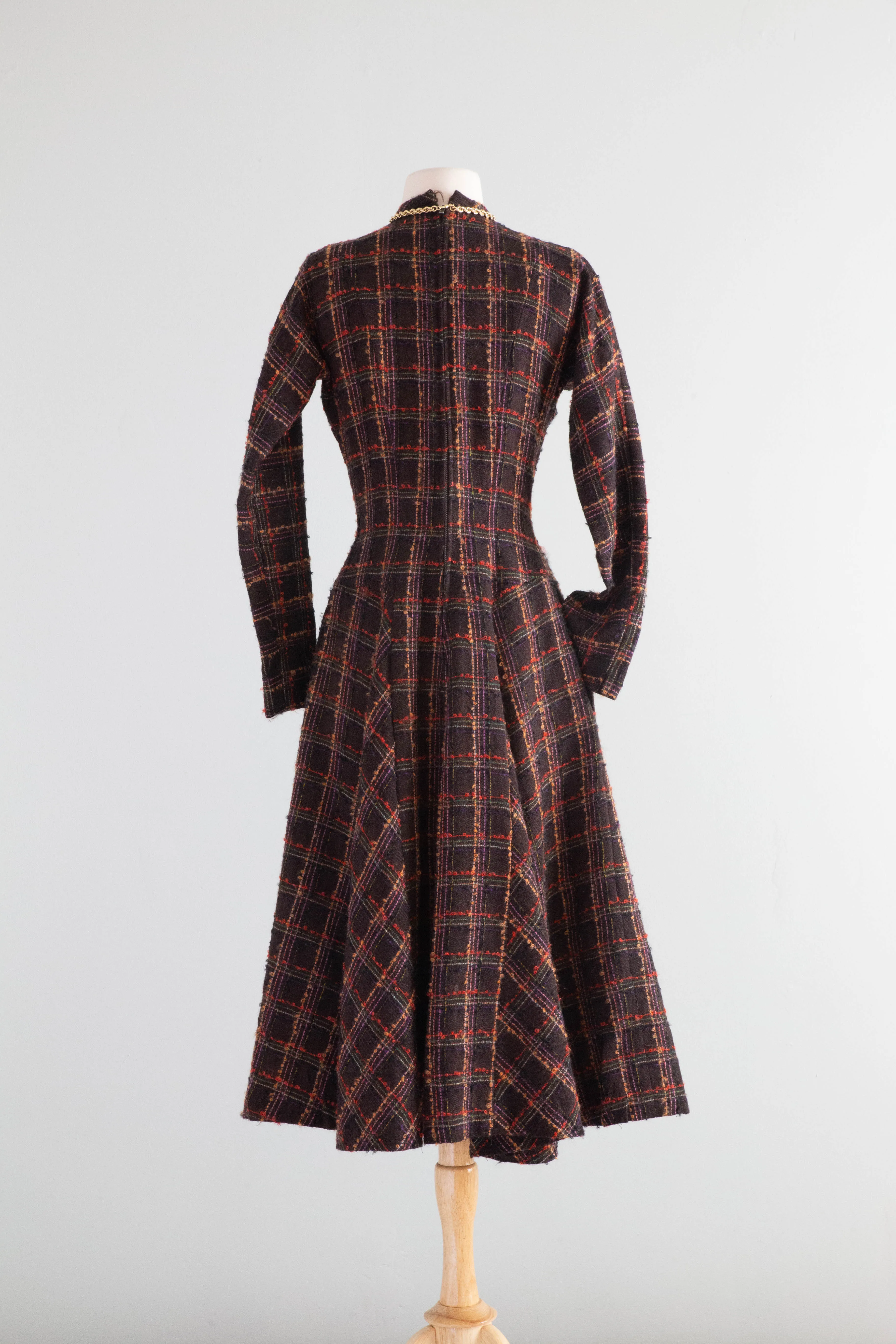 Classic Early 1950’s Anne Fogarty Wool Window Pane Plaid Dress / SM