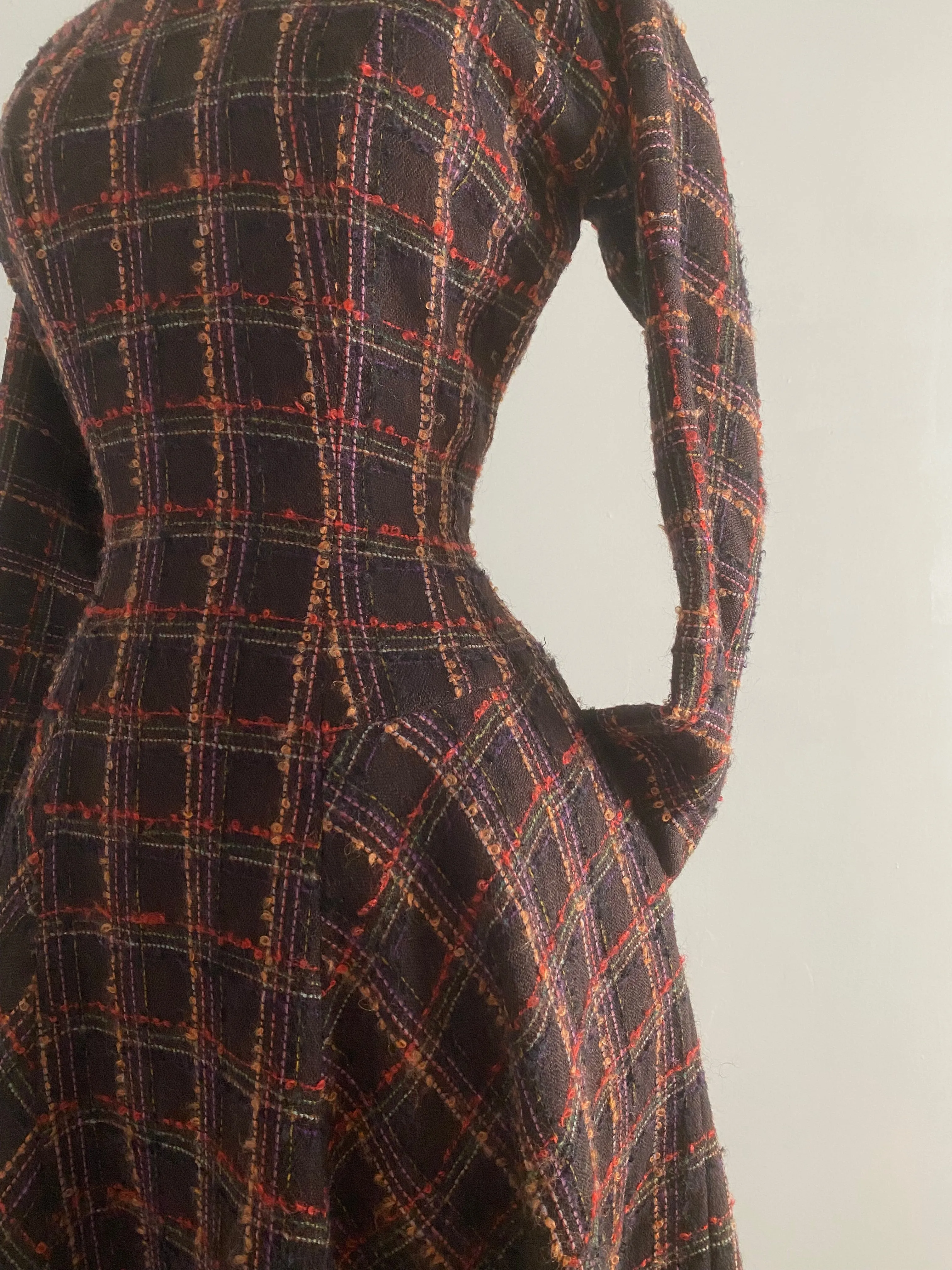 Classic Early 1950’s Anne Fogarty Wool Window Pane Plaid Dress / SM