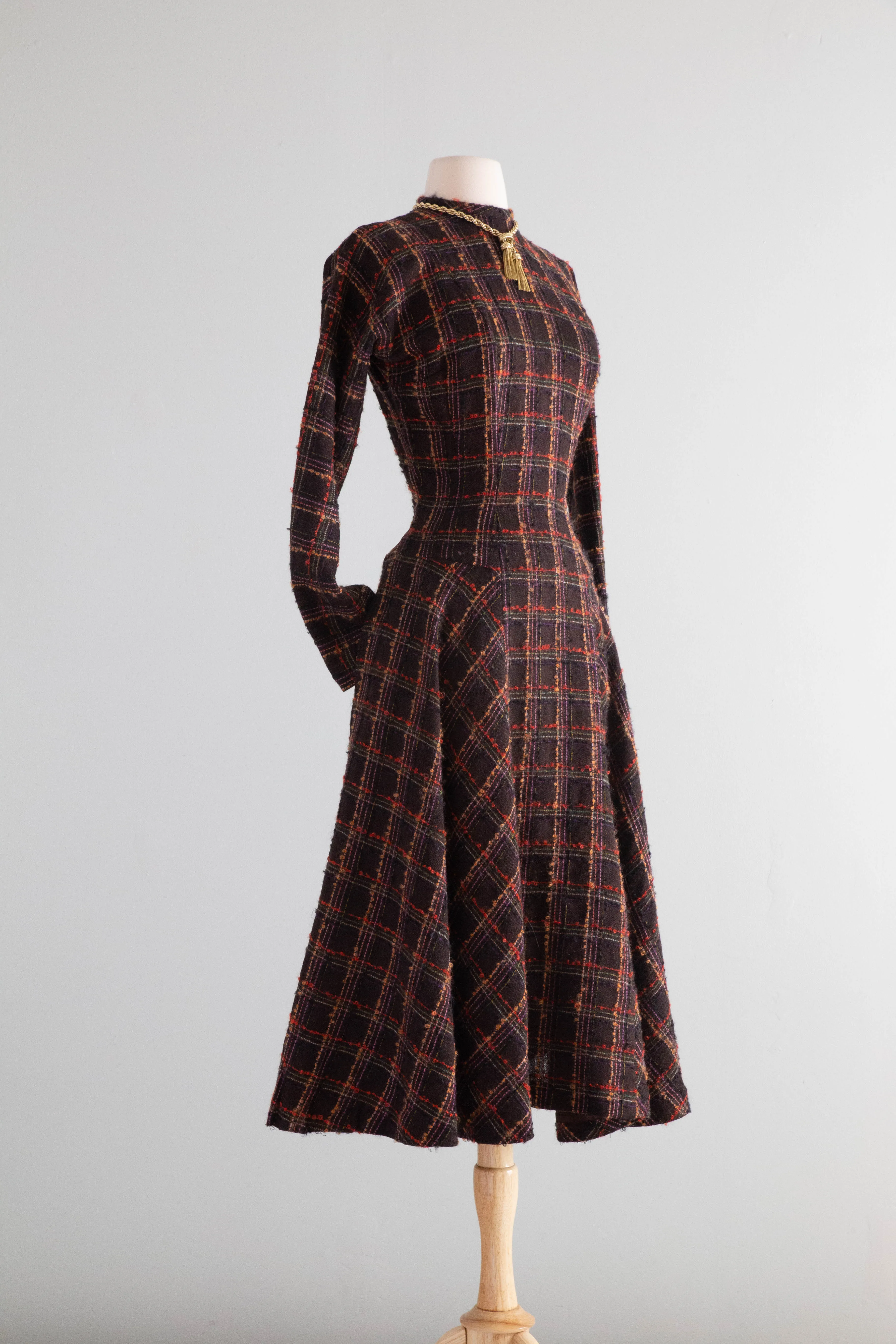 Classic Early 1950’s Anne Fogarty Wool Window Pane Plaid Dress / SM