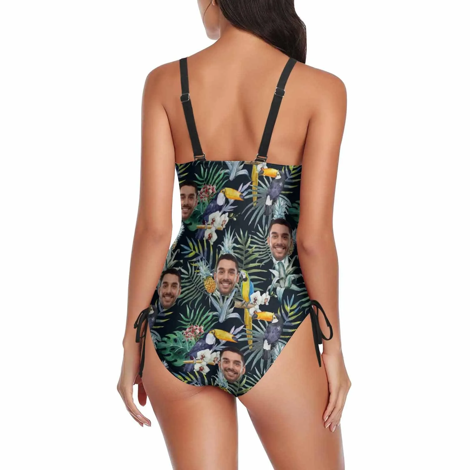 Couple Mathching Swimsuit&Hawaiian Shirt Custom Face Personalized Drawstring Side One-Piece Swimsuit&Hawaiian Shirt