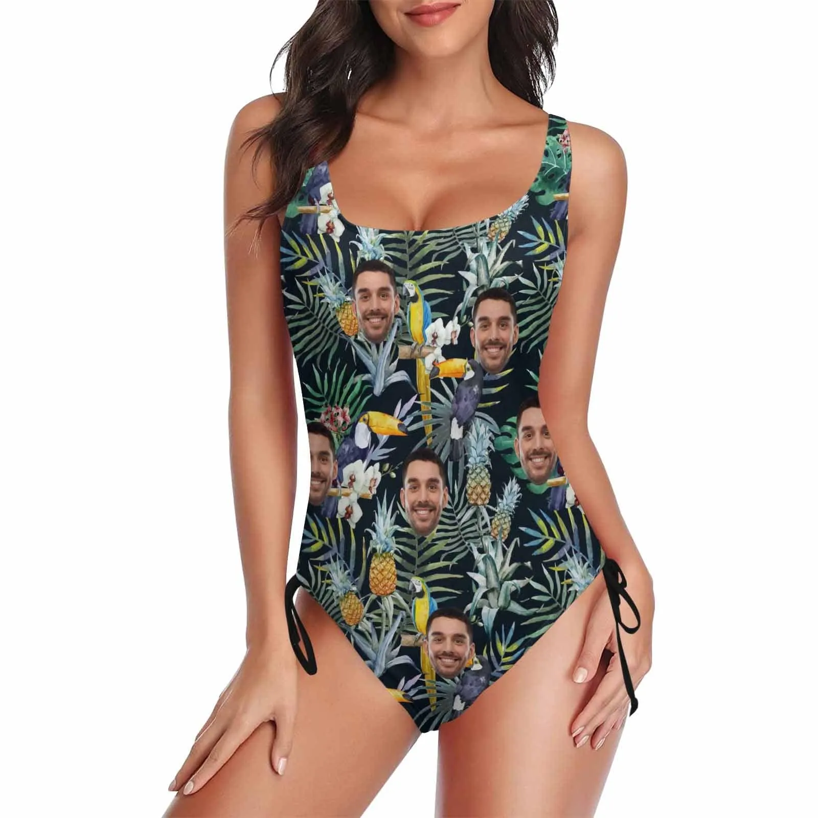 Couple Mathching Swimsuit&Hawaiian Shirt Custom Face Personalized Drawstring Side One-Piece Swimsuit&Hawaiian Shirt