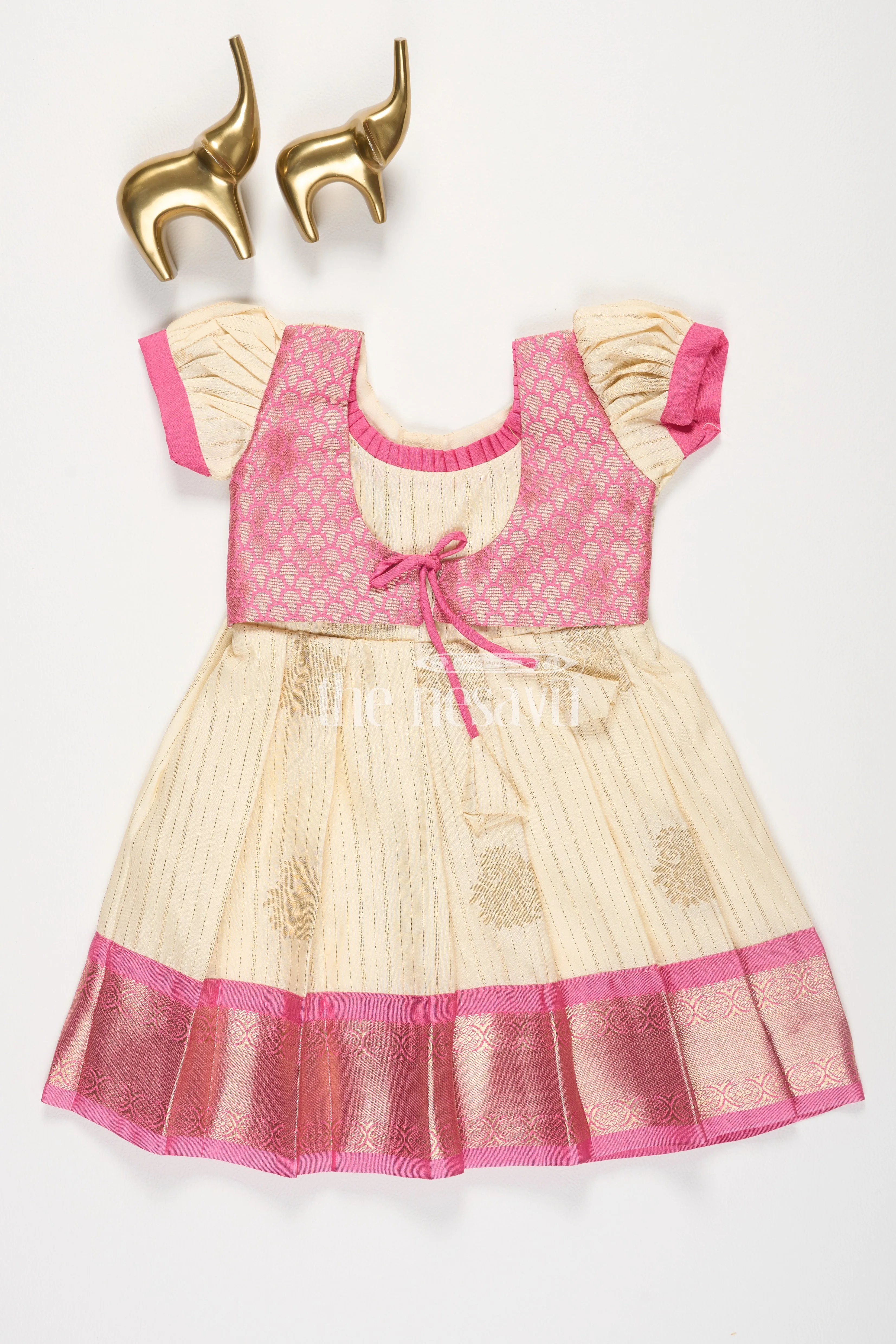 Cream and Pink Semi Kanchivaram Silk Frock with Brocade Bodice and Puff Sleeves for Girls