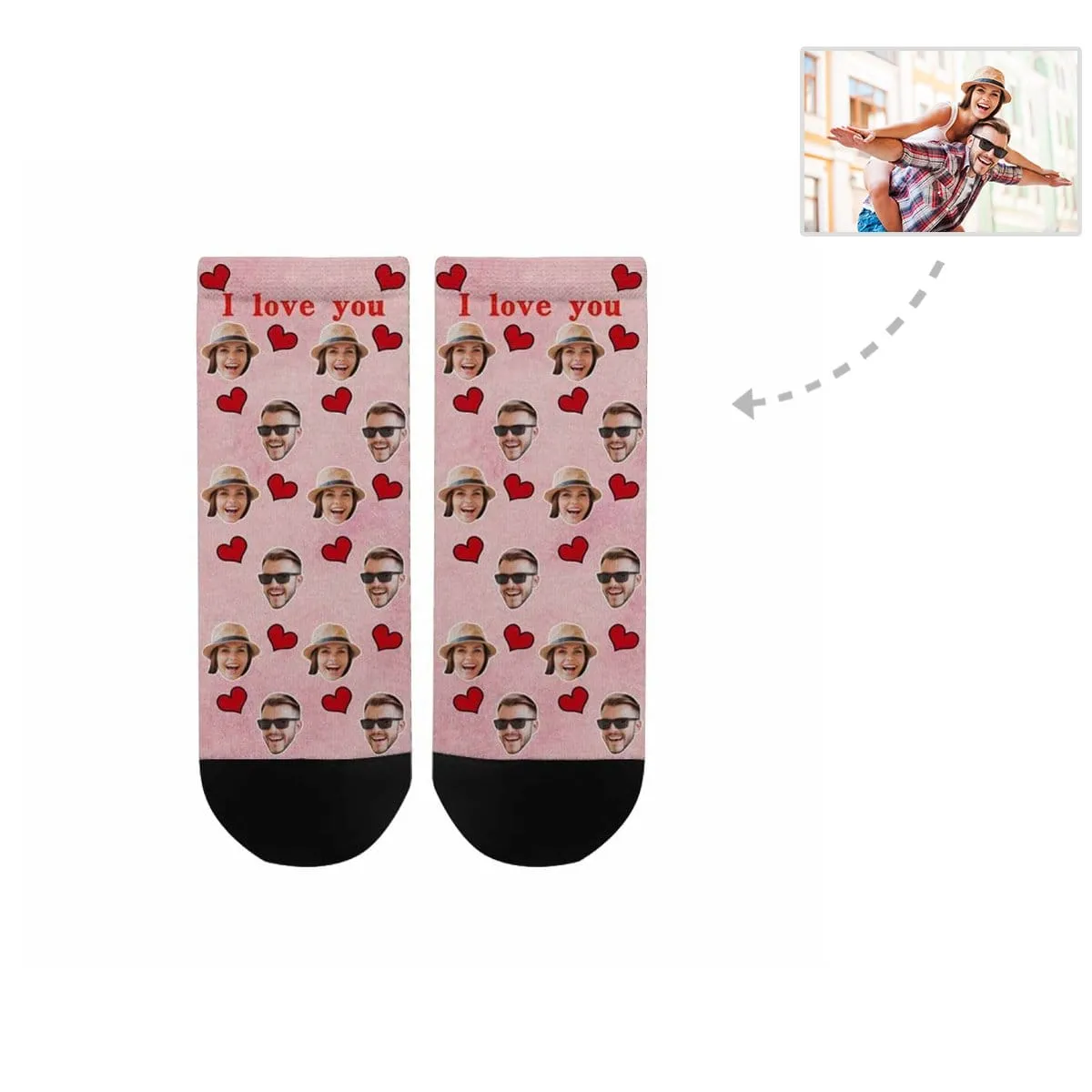 Custom Couple Photo Socks Personalized Red Love Couple Women's Ankle Socks