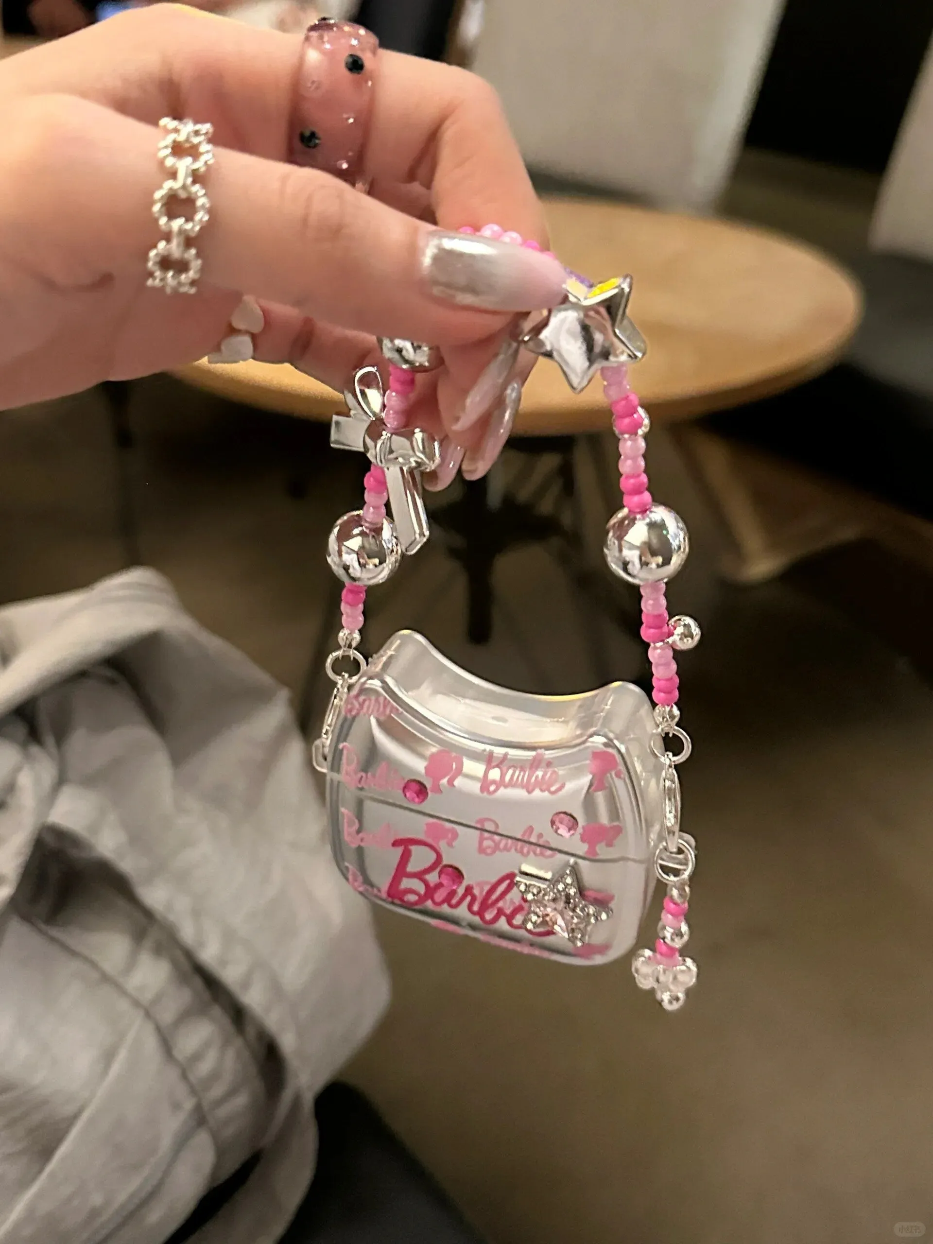 Cute Electroplated Silver Barbie Monogram Pink Print AirPods Case   Ribbon Chain Strap for AirPods 1 2 3 Pro 2 Gen Shockproof AirPods Case