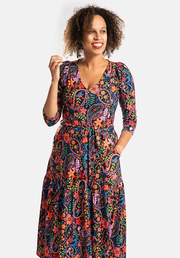 Daryl Colourful Paisley Print Tiered Hem Midi Dress