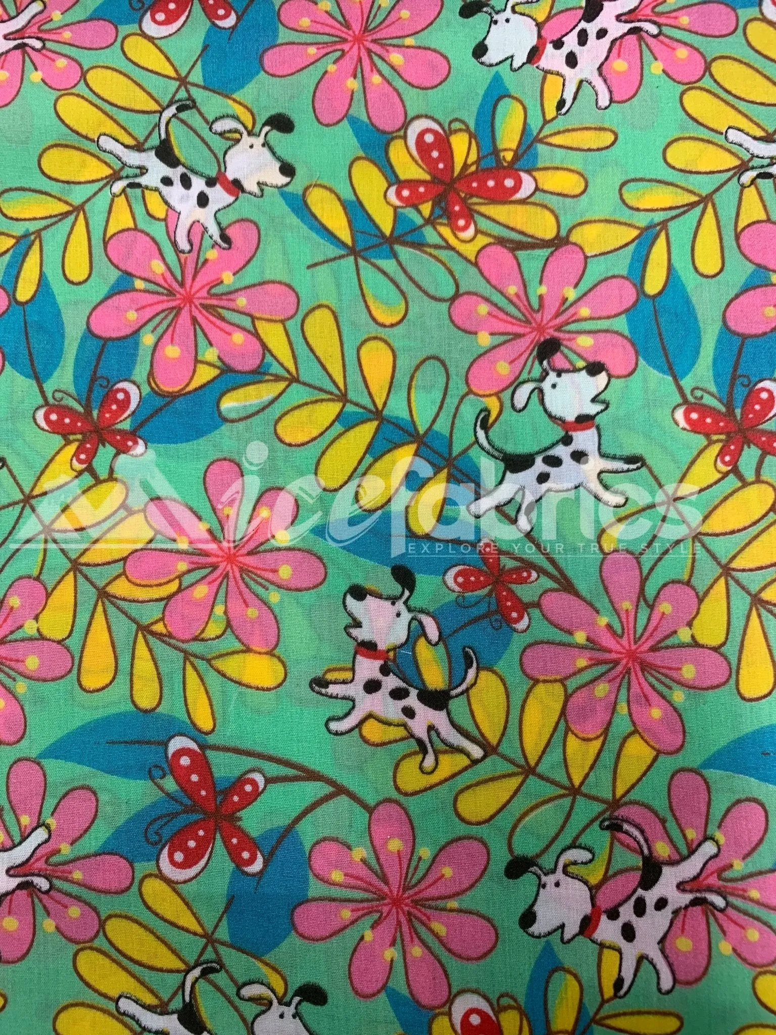 Fashion Doggy Flowers Print Poly Cotton Fabric By The Yard