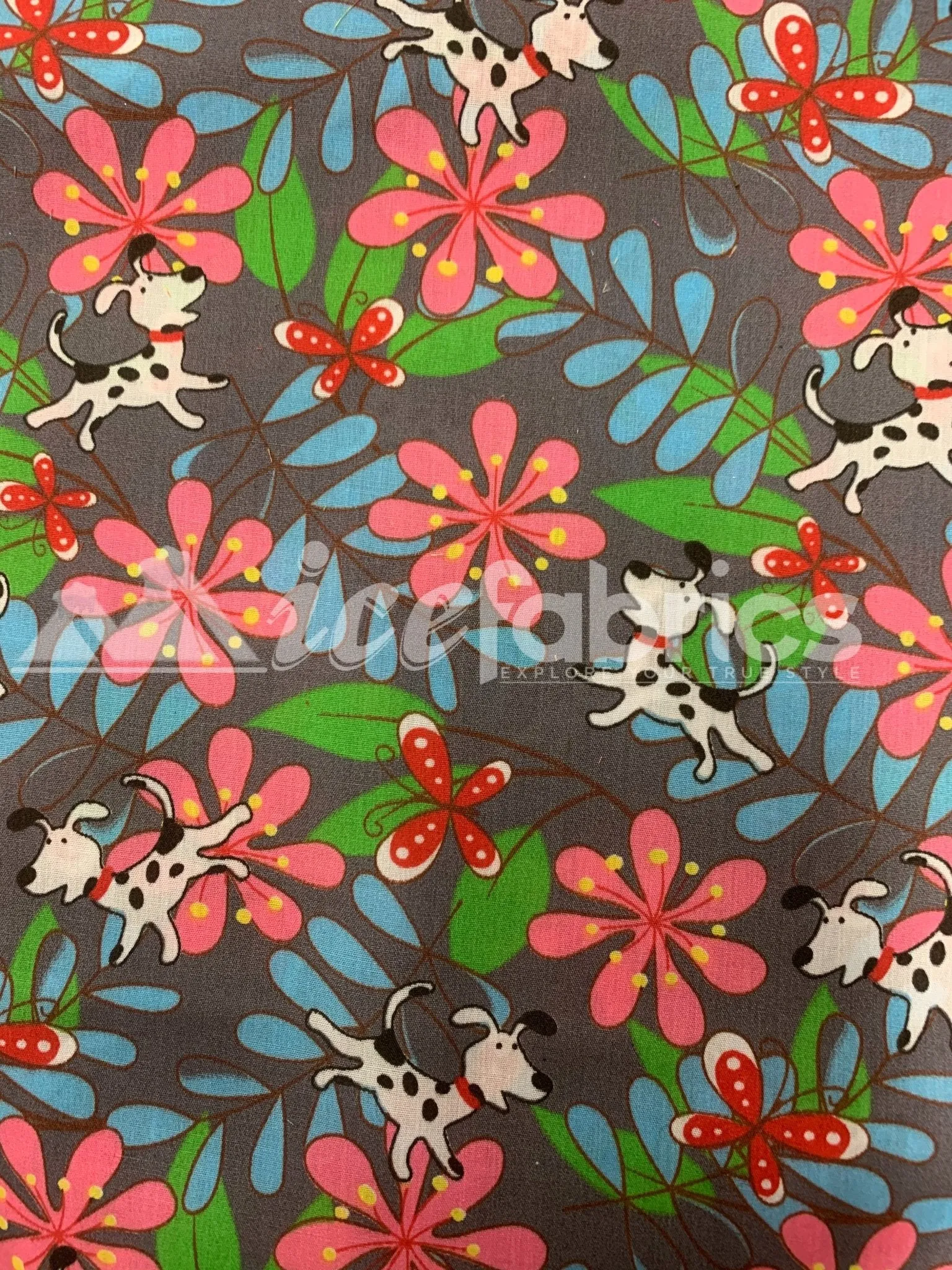 Fashion Doggy Flowers Print Poly Cotton Fabric By The Yard