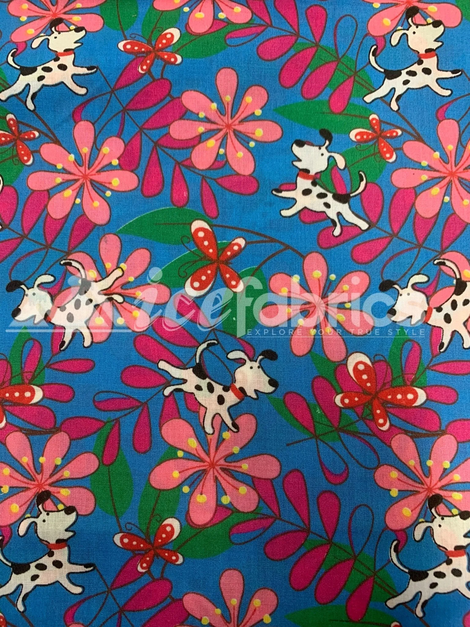 Fashion Doggy Flowers Print Poly Cotton Fabric By The Yard