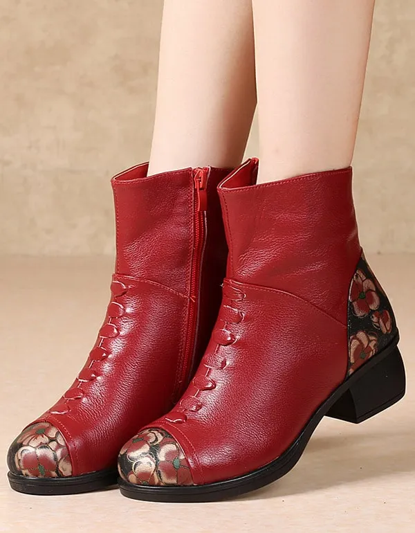 Floral Printed Plush Retro Chunky Boots