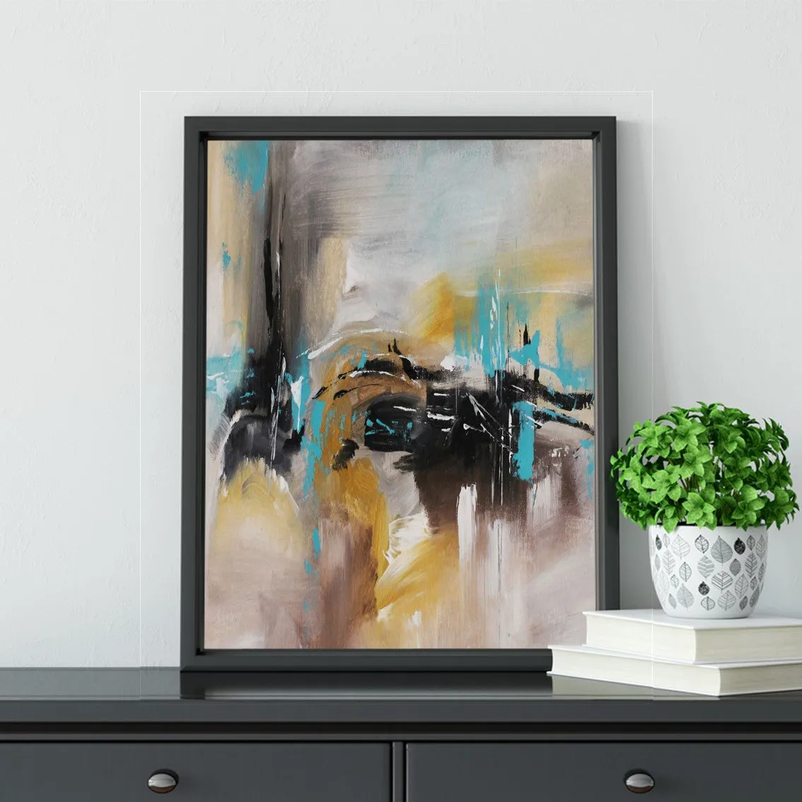 Framed vertical beige, black & teal abstract wall art print