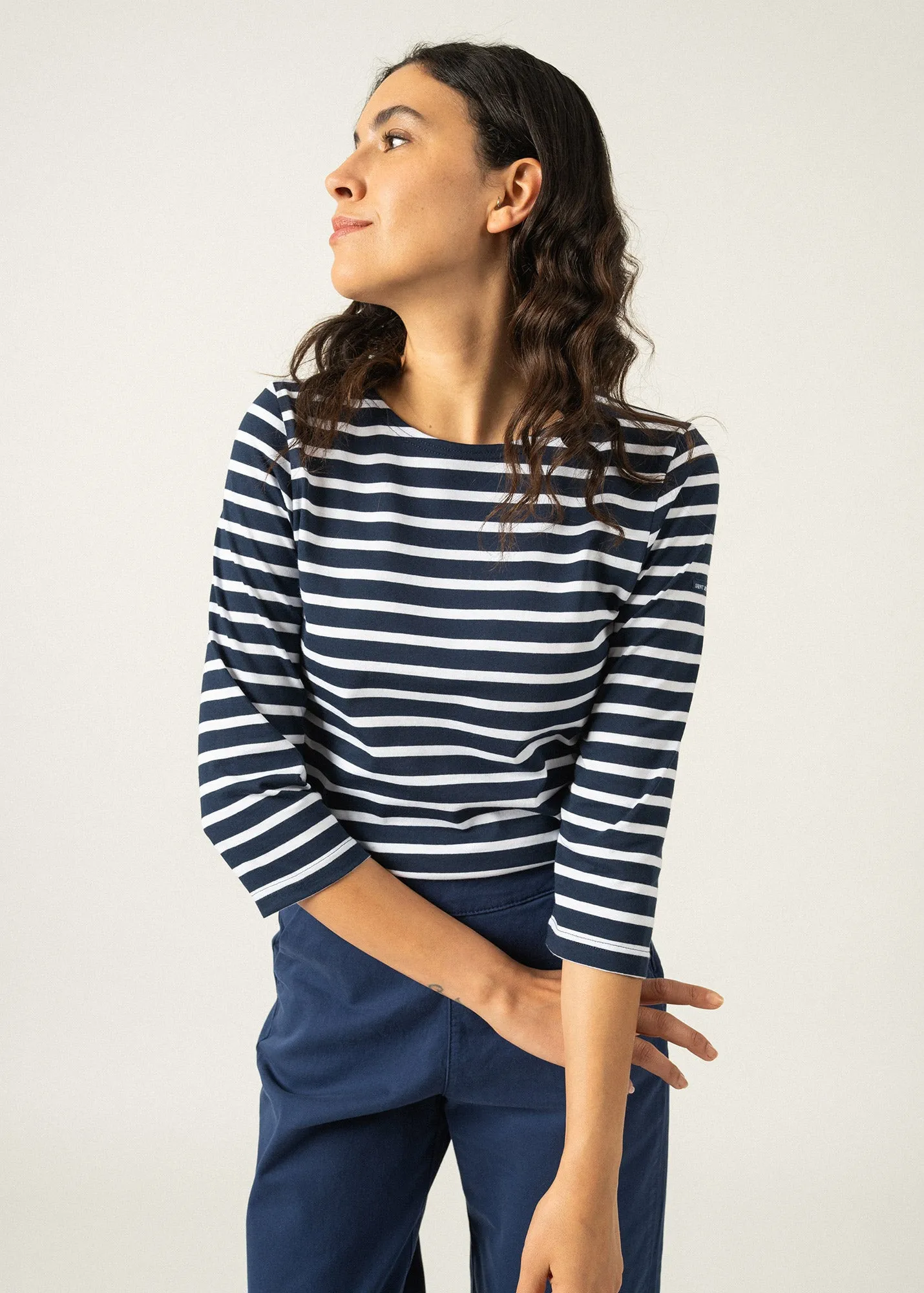 GALATHEE II - Breton Striped Top with ¾ Sleeve | Soft Cotton | Women Fit (NAVY / WHITE)