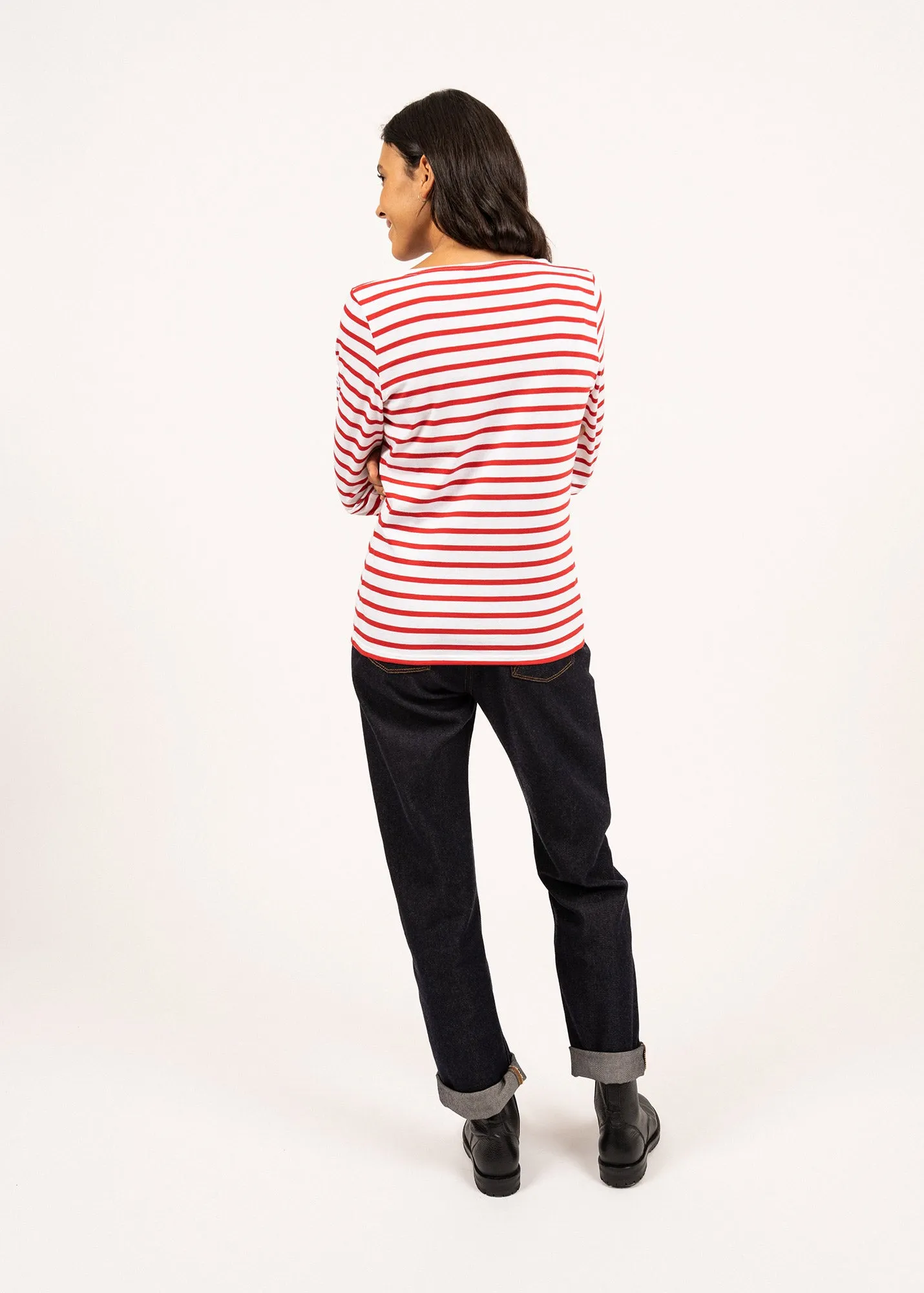 GALATHEE II - Breton Striped Top with ¾ Sleeve | Soft Cotton | Women Fit (WHITE / RED)