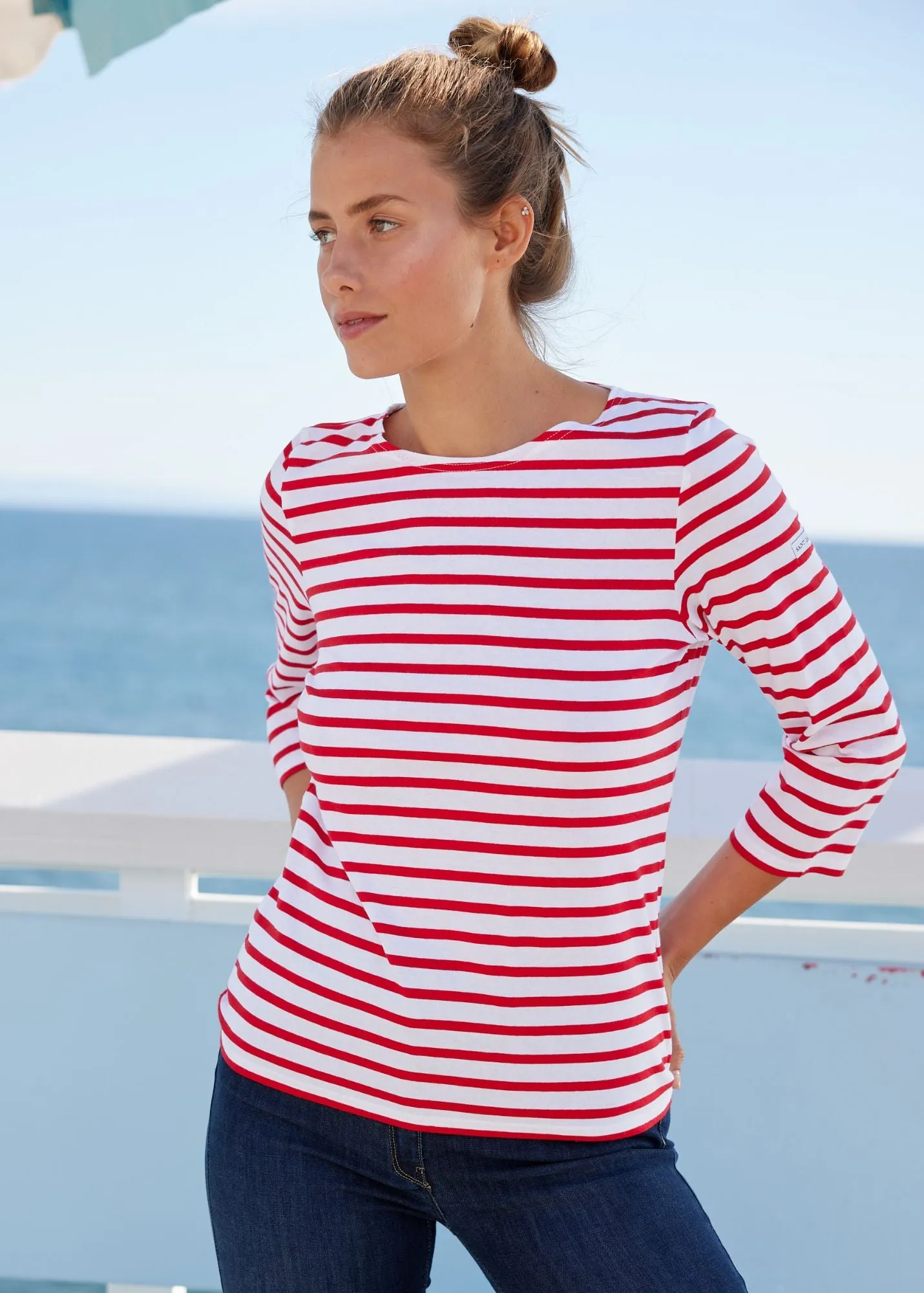 GALATHEE II - Breton Striped Top with ¾ Sleeve | Soft Cotton | Women Fit (WHITE / RED)