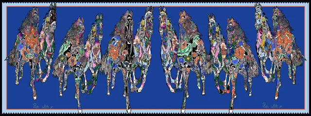 Galloping Horses In Royal Blue, Long  100% Silk Scarf