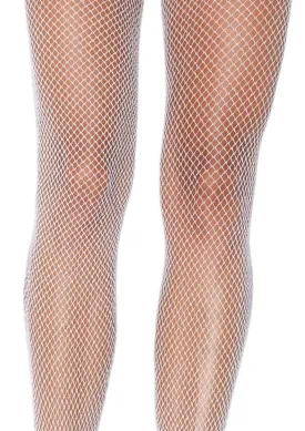 Glitter Shimmer Fishnet Tights in White with Silver