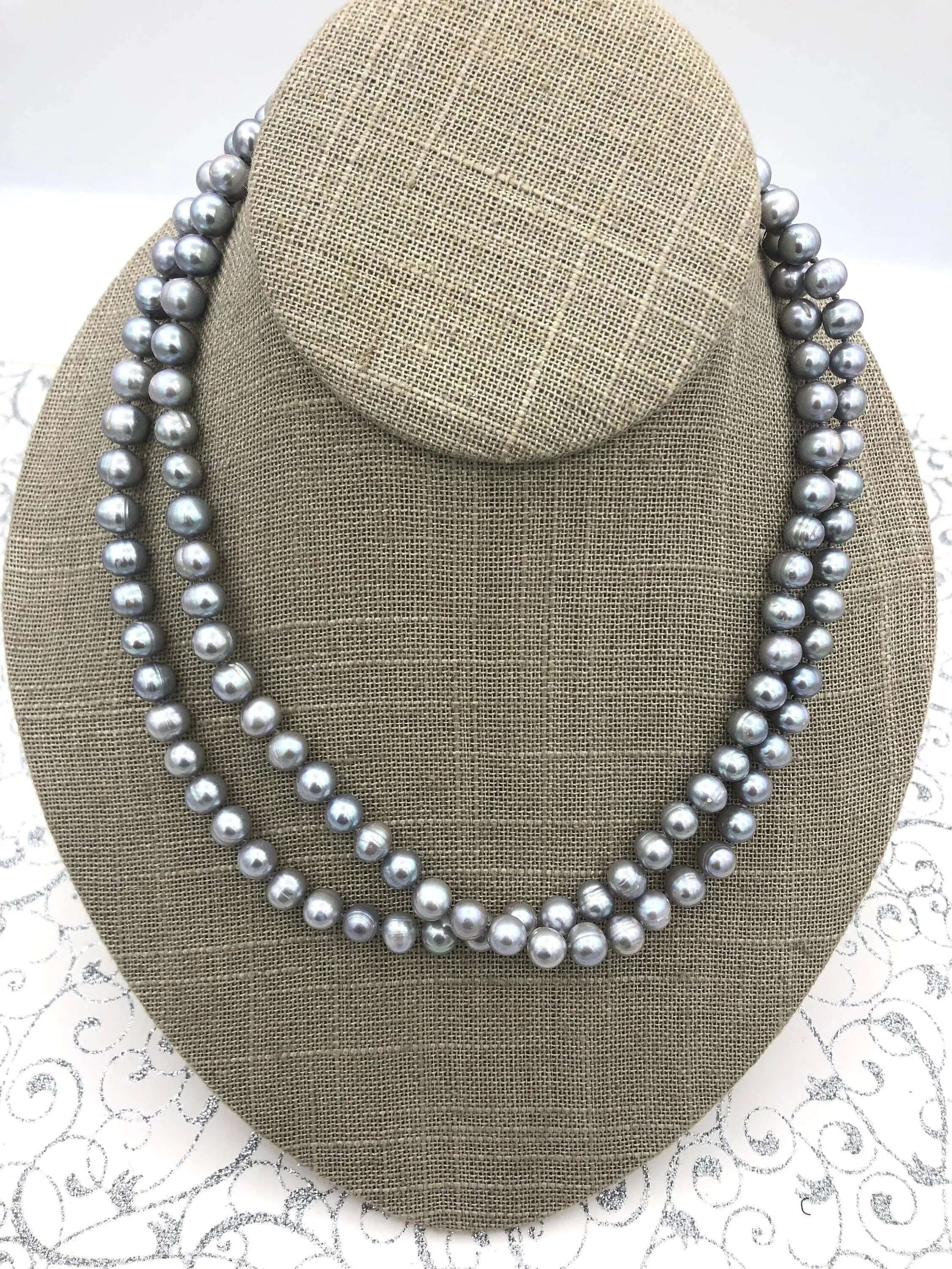 Gray near Round Natural Freshwater Pearl Necklace 34'' AA 7mm, Hand Knotted, High Luster Freshwater Pearl, Fast Shipping