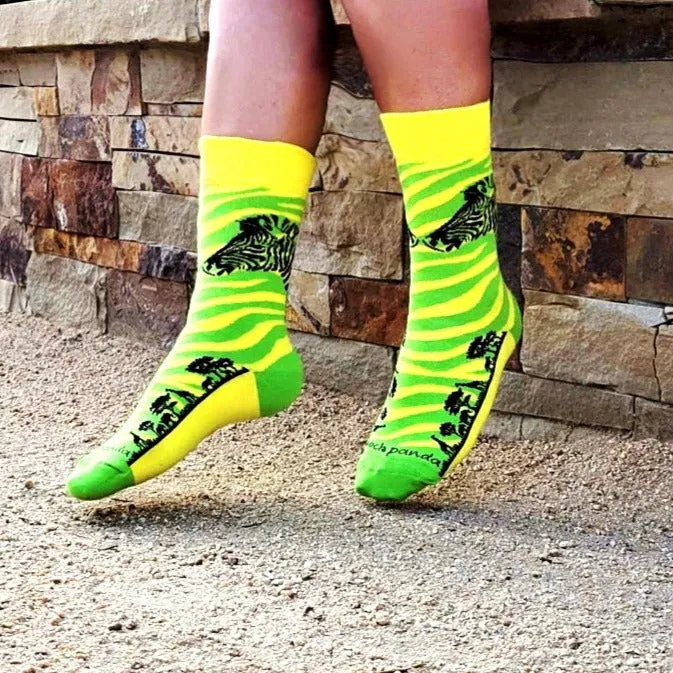 Green and Yellow Zebra Safari Socks from the Sock Panda (Adult Small -  Shoe Sizes 2-5)