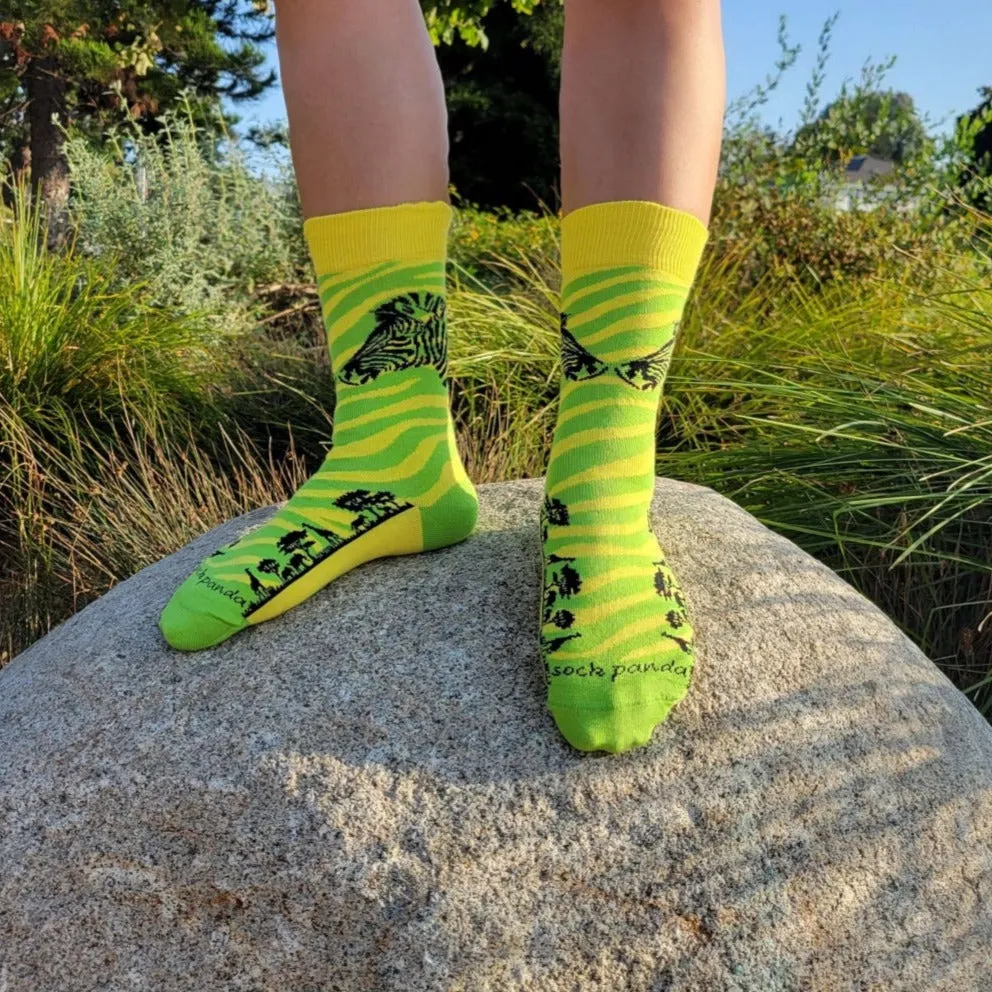 Green and Yellow Zebra Safari Socks from the Sock Panda (Adult Small -  Shoe Sizes 2-5)