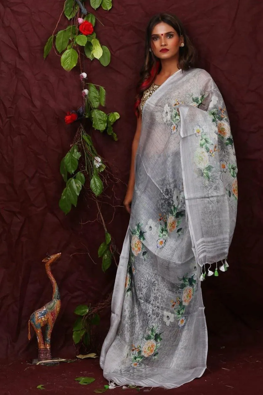 Grey Floral Digital Printed Linen Women Dupatta