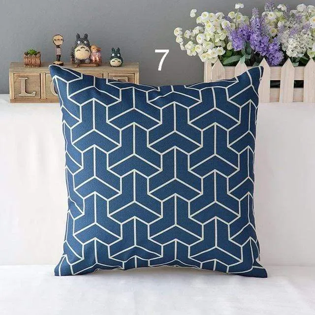 High Quality Linen Cotton Deep Blue Geometry Throw Pillow Case