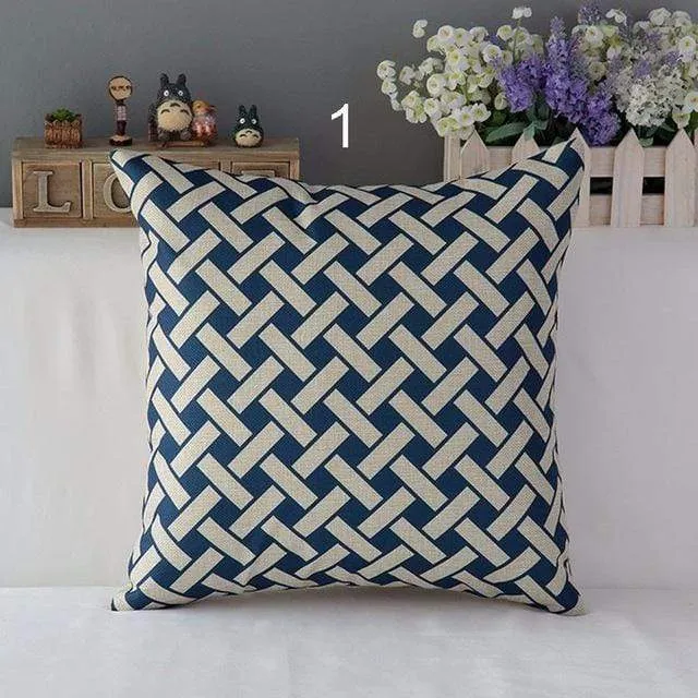 High Quality Linen Cotton Deep Blue Geometry Throw Pillow Case