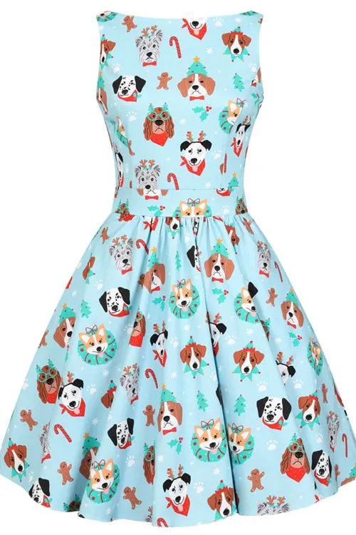 Lady Vintage Tea Dress in Christmas Pups Print Christmas