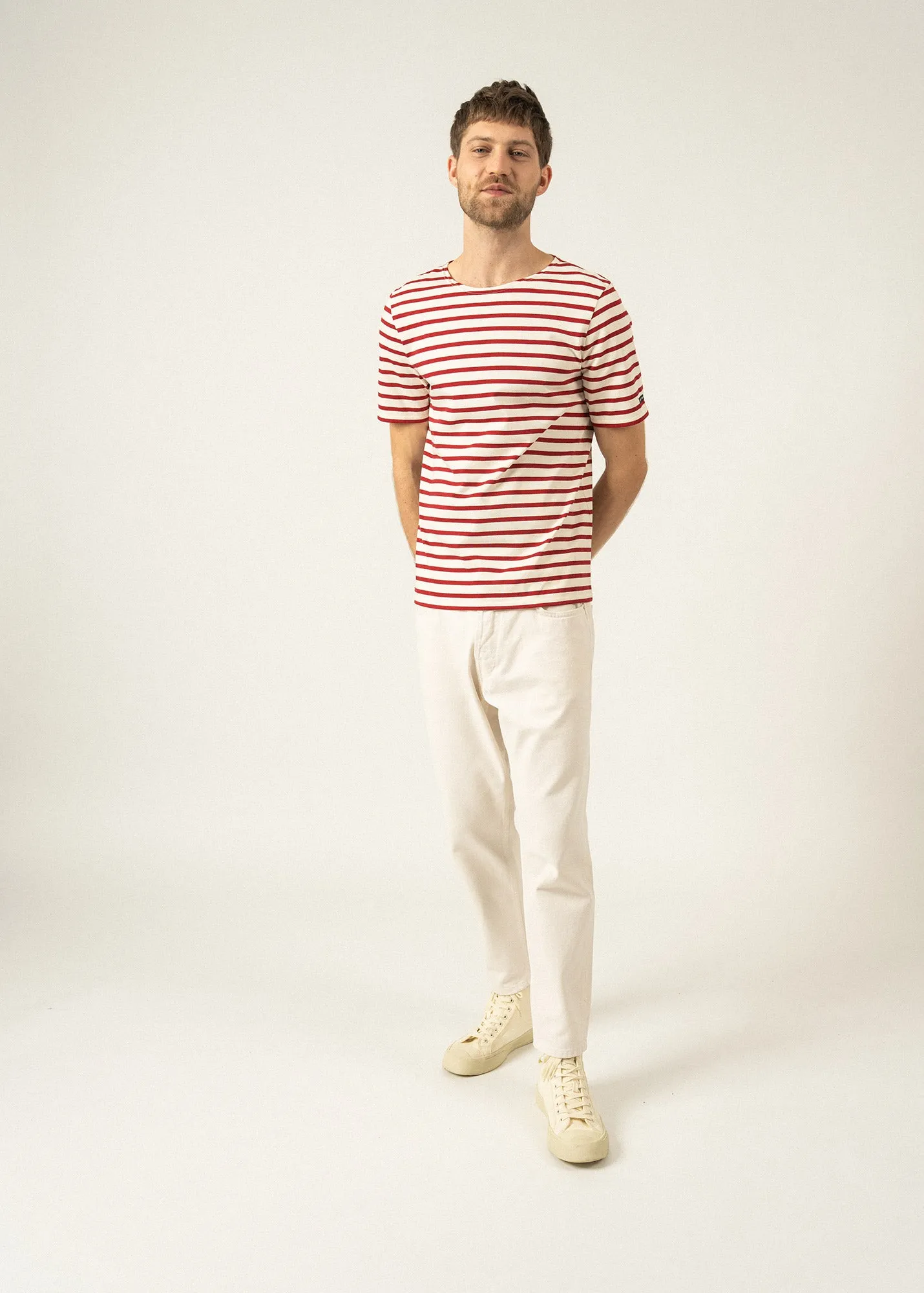 LEVANT MODERN - Breton Stripe Short Sleeve Shirt | Soft Cotton | Unisex Fit (ECRU / MAROON)