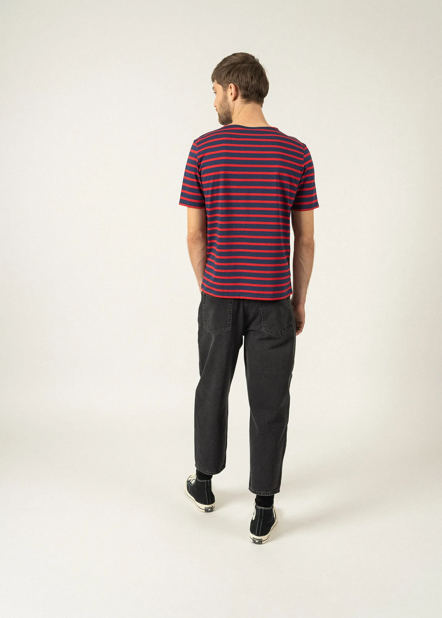 LEVANT MODERN - Breton Stripe Short Sleeve Shirt | Soft Cotton | Unisex Fit (NAVY / RED)