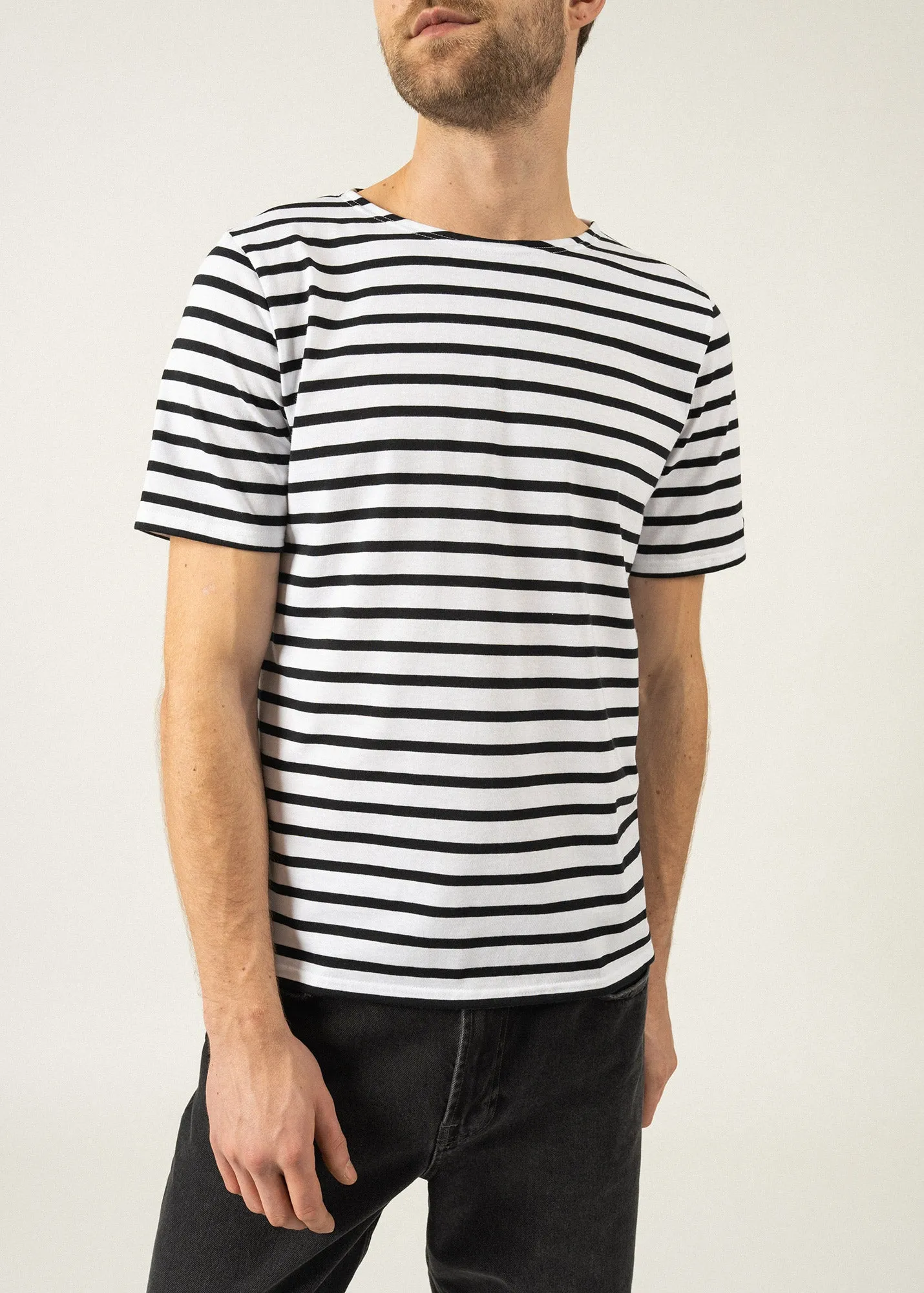 LEVANT MODERN - Breton Stripe Short Sleeve Shirt | Soft Cotton | Unisex Fit (WHITE / BLACK)