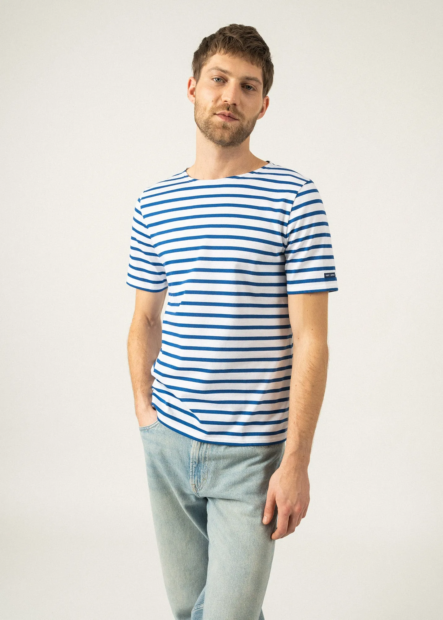 LEVANT MODERN - Breton Stripe Short Sleeve Shirt | Soft Cotton | Unisex Fit (WHITE / ROYAL BLUE)