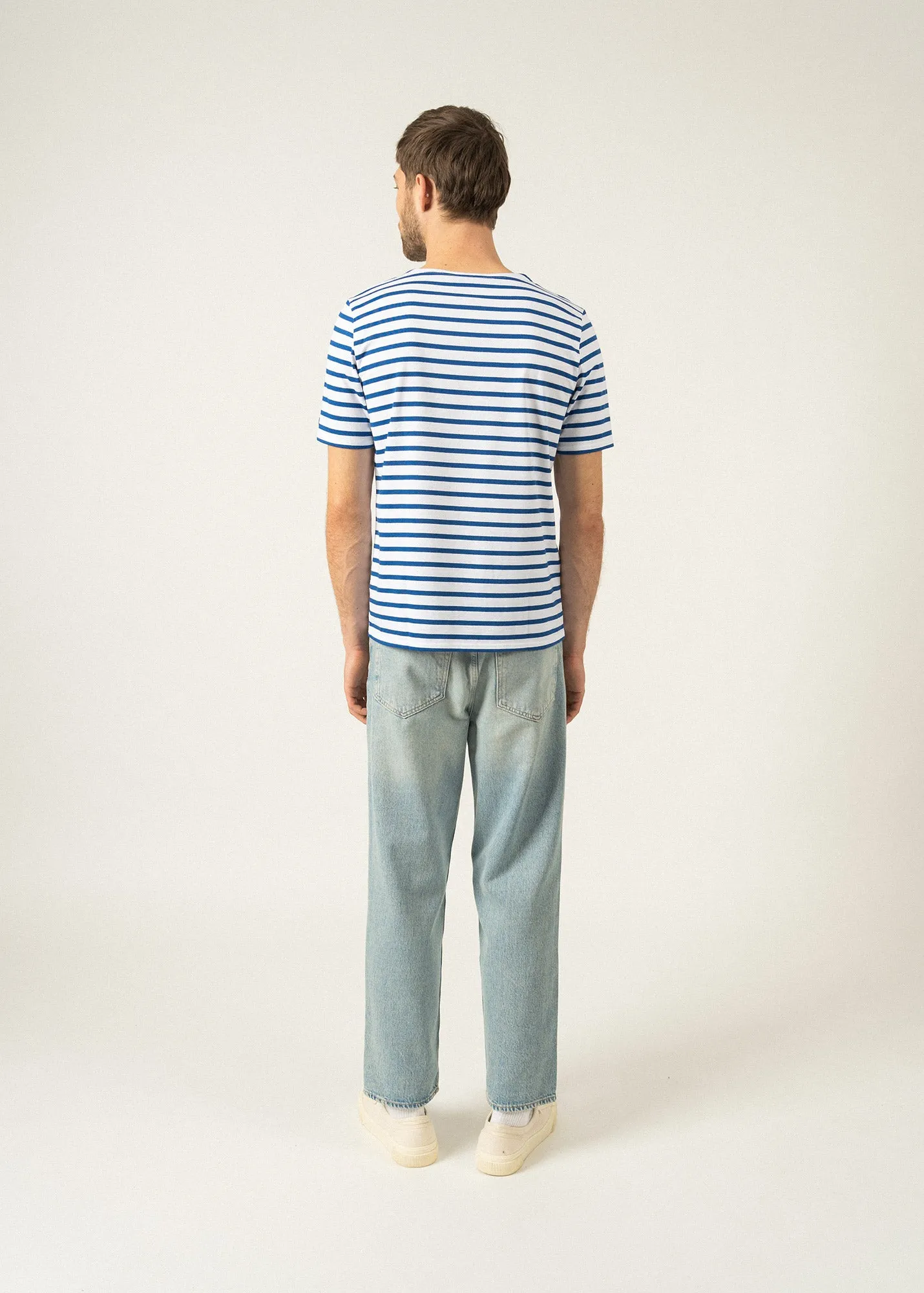 LEVANT MODERN - Breton Stripe Short Sleeve Shirt | Soft Cotton | Unisex Fit (WHITE / ROYAL BLUE)