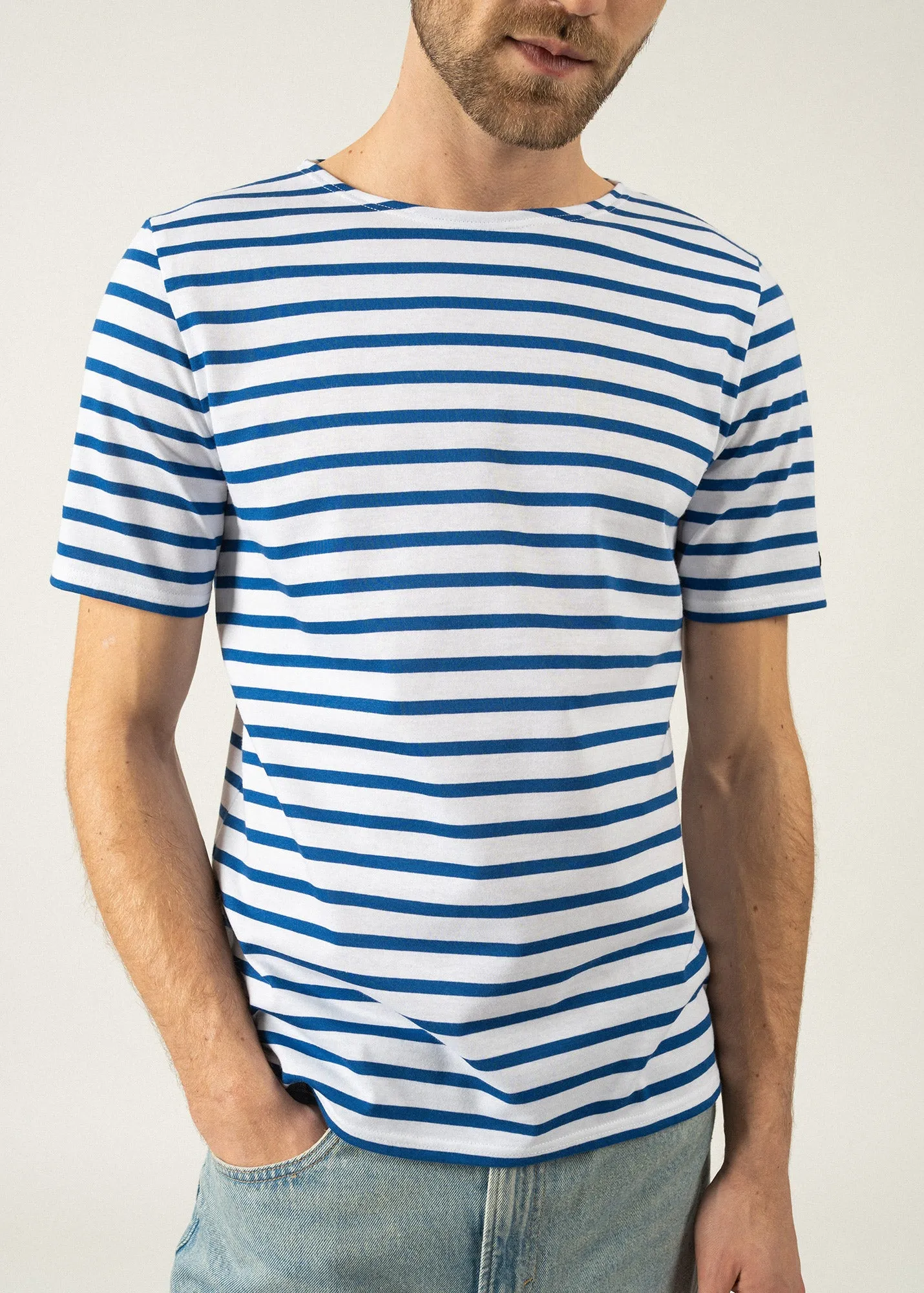 LEVANT MODERN - Breton Stripe Short Sleeve Shirt | Soft Cotton | Unisex Fit (WHITE / ROYAL BLUE)