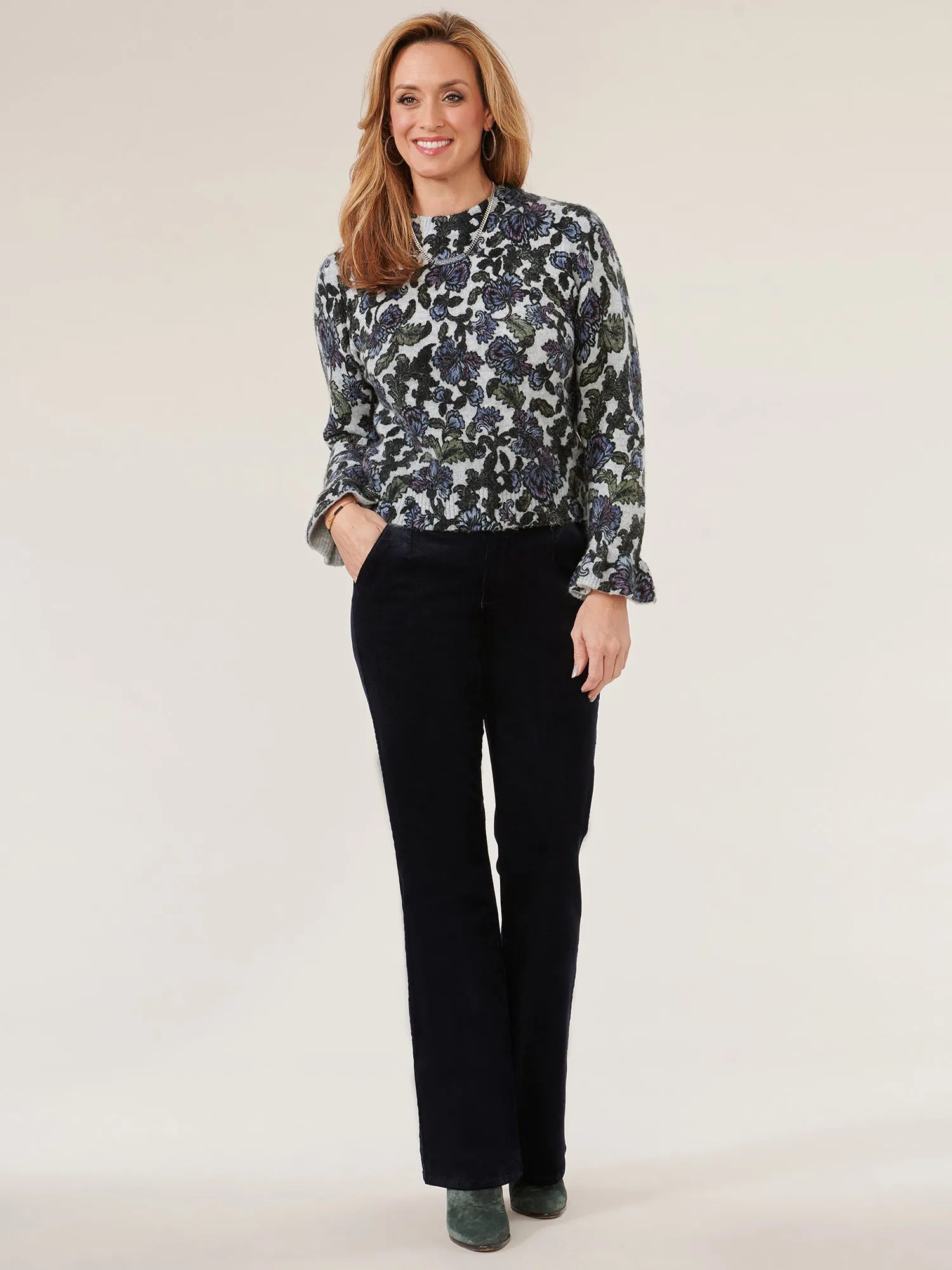 Long Blouson Sleeve Rounded Neck Floral Printed Petite Sweater