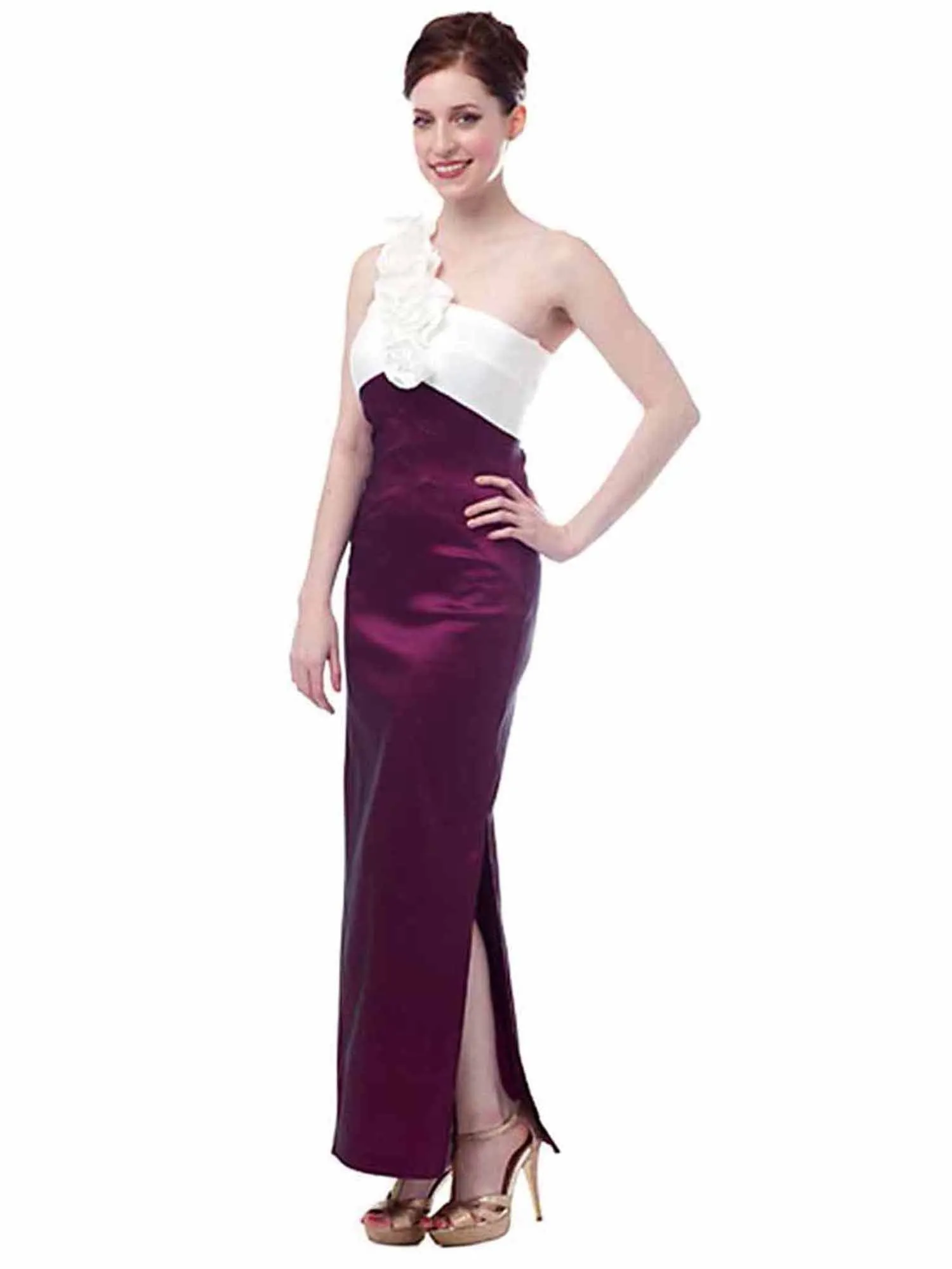 Long Elegant Taffeta Gown With Rosette Shoulder