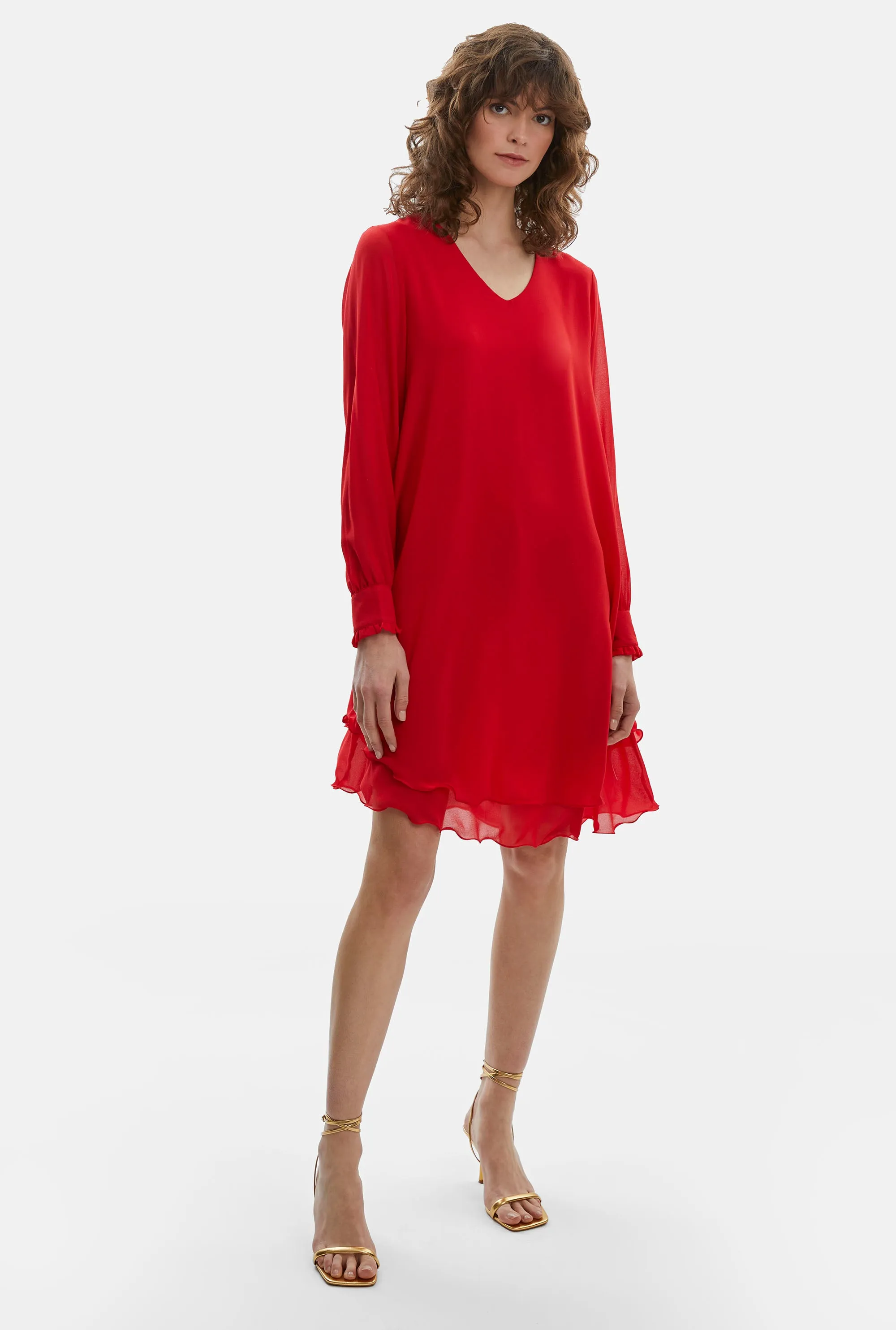 Long Sleeve Red Wave Hem Dress