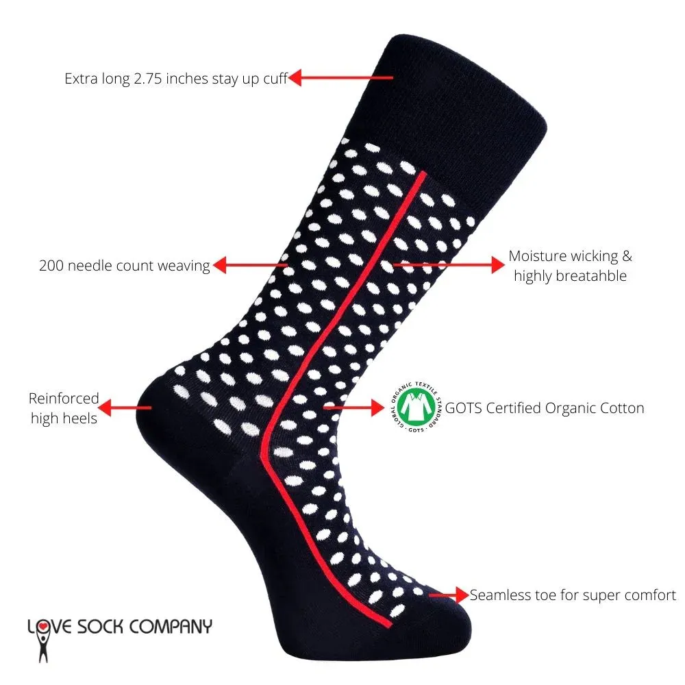 Love Sock Company Men's Funky Cool Polka Dots Dress Socks Red Line Black  (M)