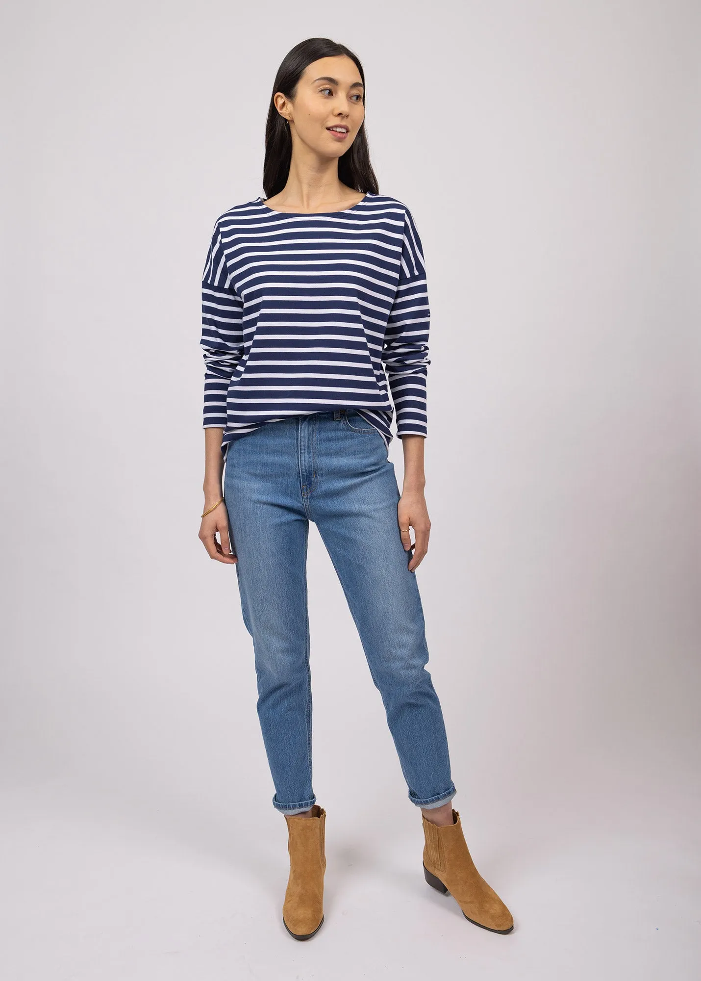 MINQUIERS DROP II - Drop-Shoulder Breton Striped Shirt | Soft Cotton | Straight Fit (NAVY / WHITE)