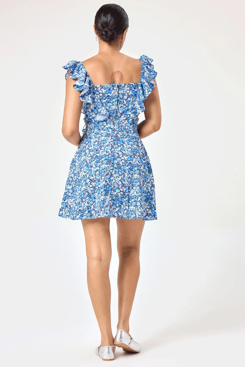 Navy Flora Ruffle Sleeve Tie Waist Dress