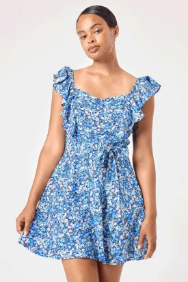 Navy Flora Ruffle Sleeve Tie Waist Dress