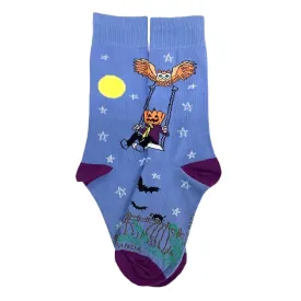 Pumpkin Head Swinging with an Owl by the Moon Socks (Adult Small -  Shoe Sizes 2-5)