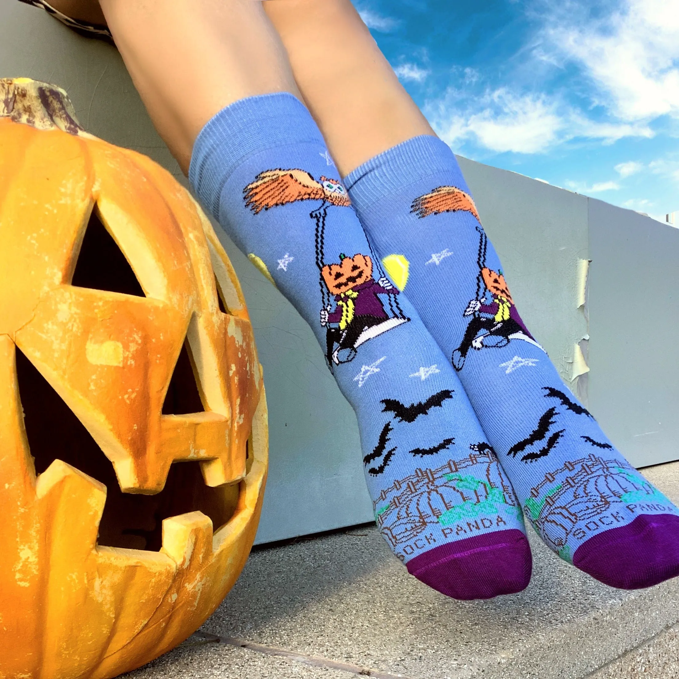 Pumpkin Head Swinging with an Owl by the Moon Socks (Adult Small -  Shoe Sizes 2-5)