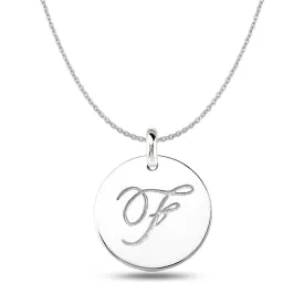 "F" 14K White Gold Script Engraved Initial  Disk Pendant