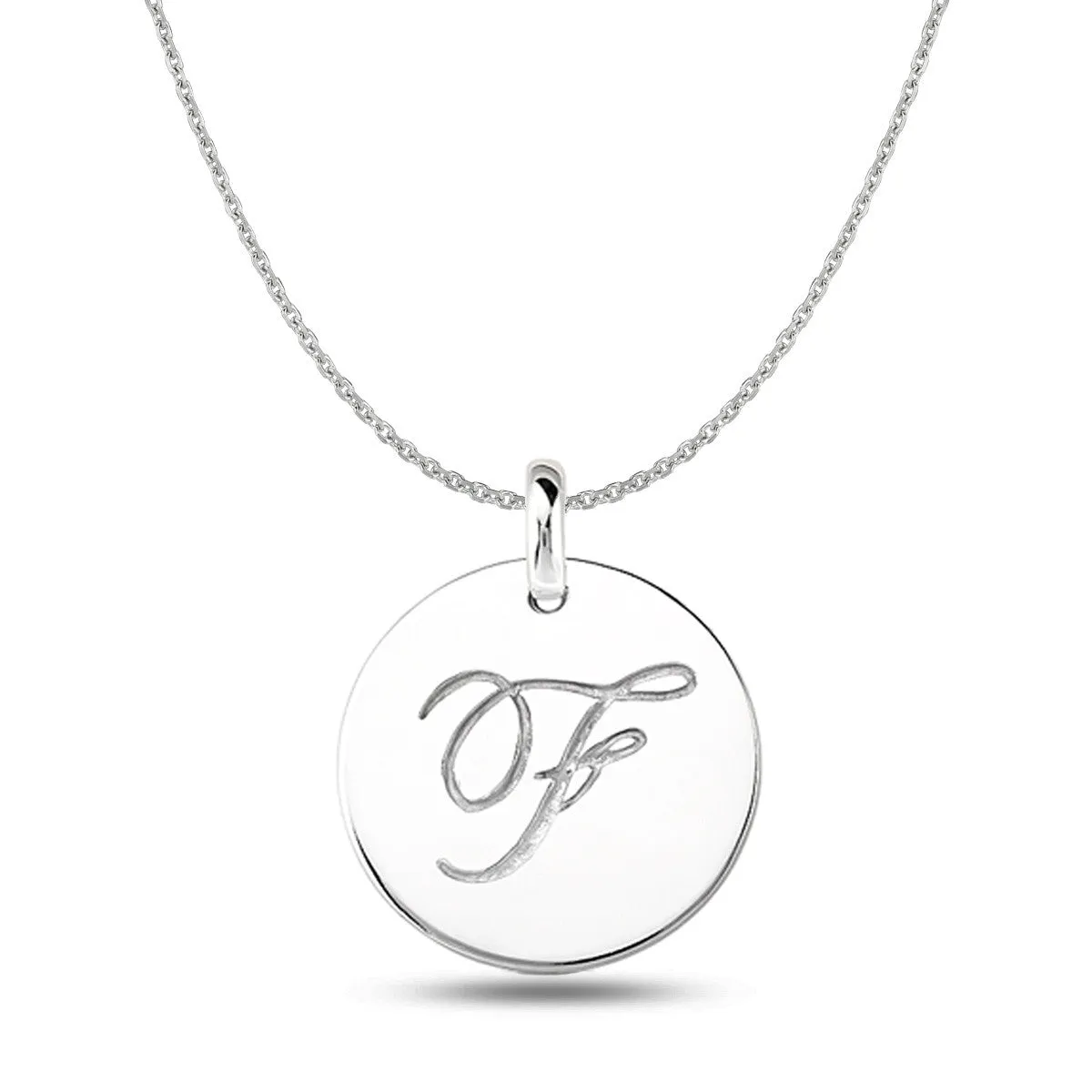 "F" 14K White Gold Script Engraved Initial  Disk Pendant