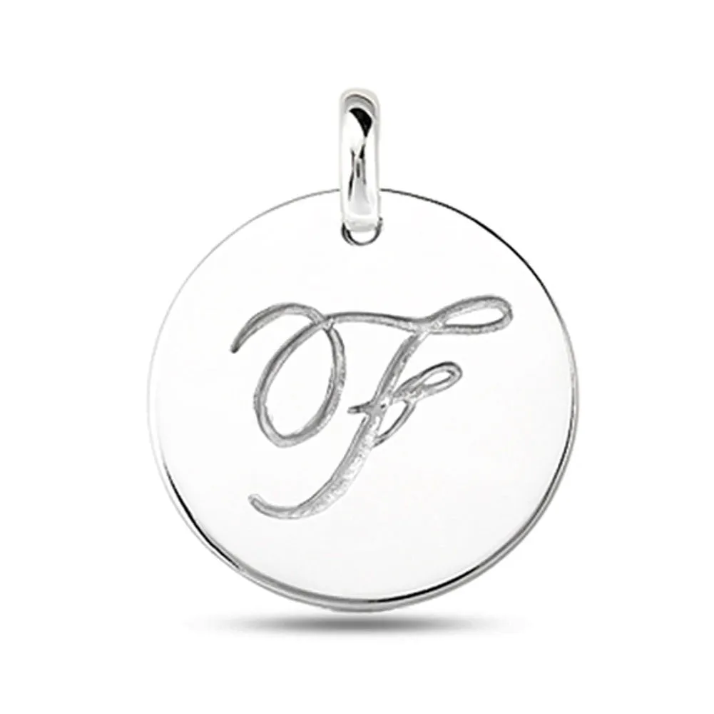 "F" 14K White Gold Script Engraved Initial  Disk Pendant