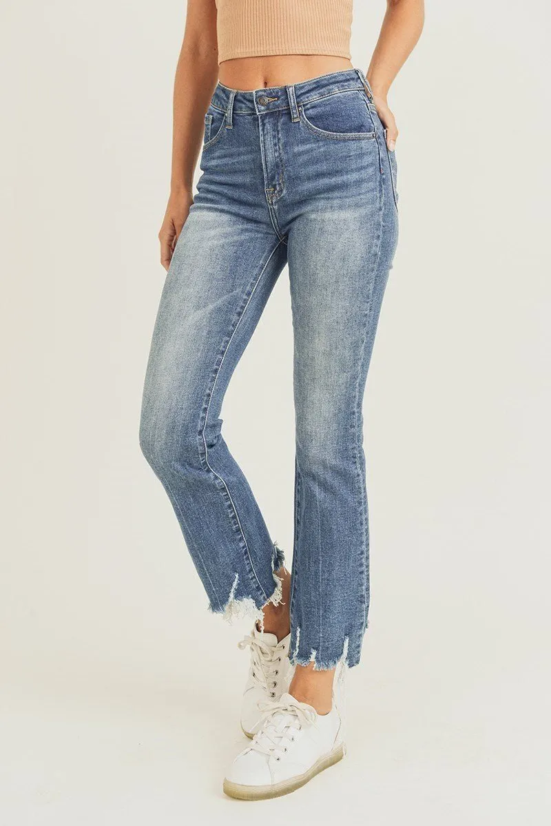 Risen Medium Wash Hi Rise Frayed Hem Ankle Jeans