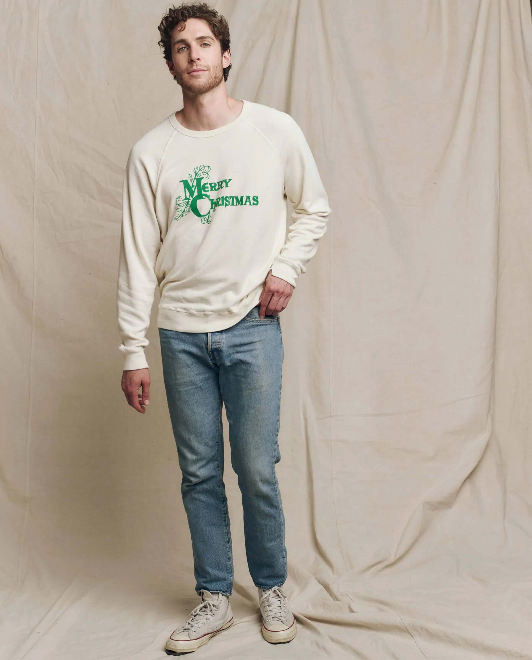 The Men's College Sweatshirt. Graphic -- Washed White with Merry Christmas Graphic